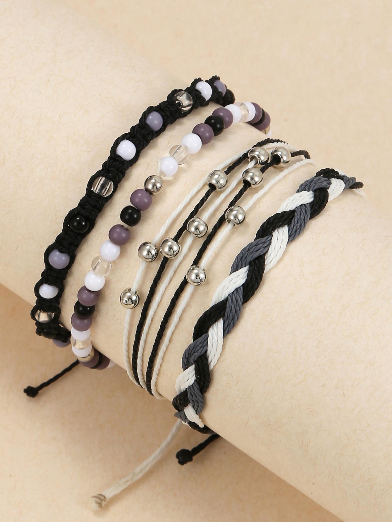 4pcs Acrylic Beaded & Waxed Thread Braided Bracelet Set - Negative Apparel