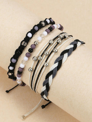 4pcs Acrylic Beaded & Waxed Thread Braided Bracelet Set - Negative Apparel