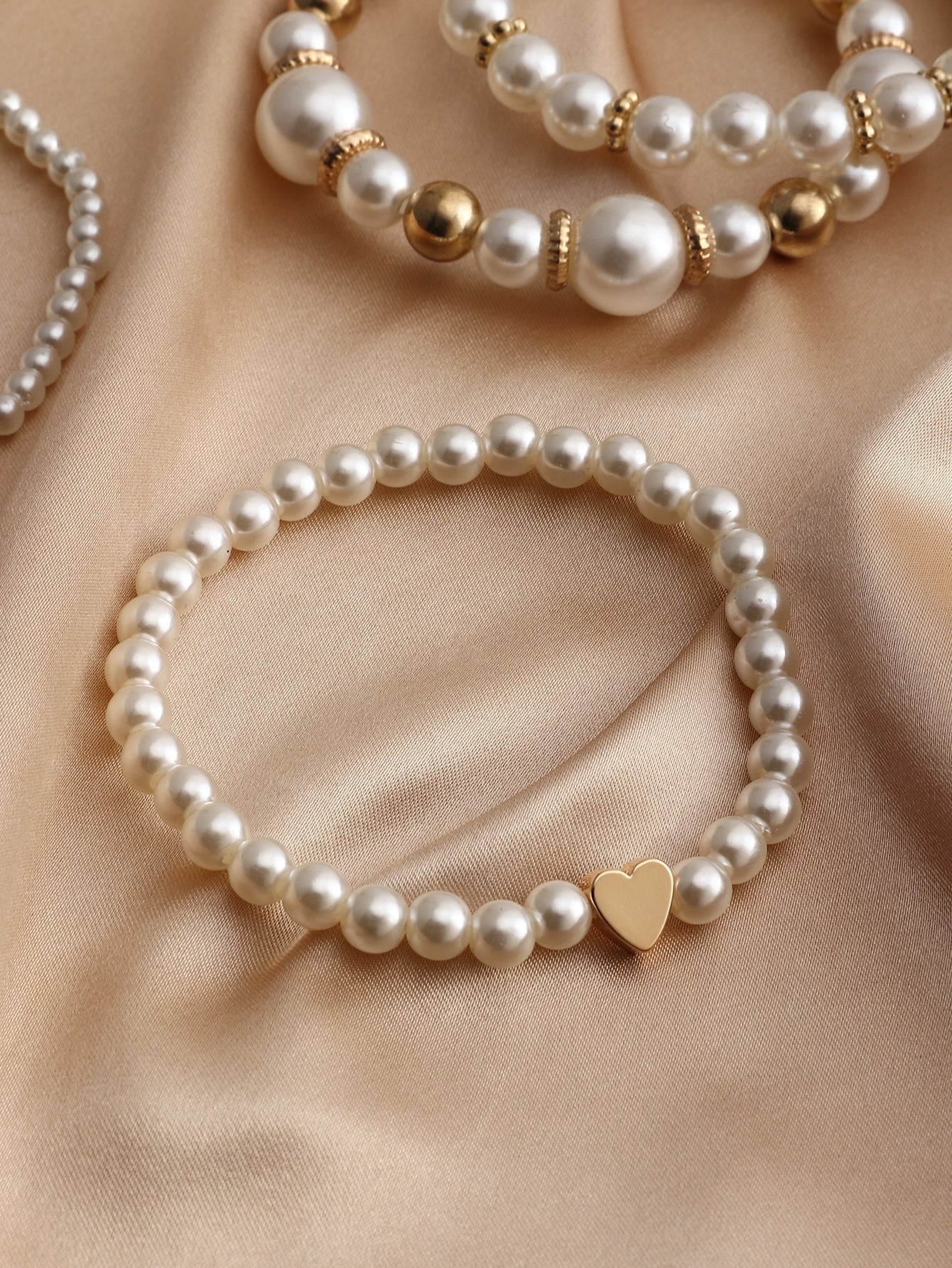 4pcs Heart & Faux Pearl Decor Beaded Bracelet - Negative Apparel