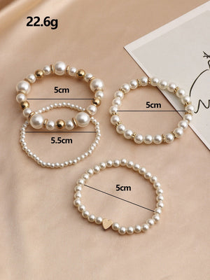 4pcs Heart & Faux Pearl Decor Beaded Bracelet - Negative Apparel