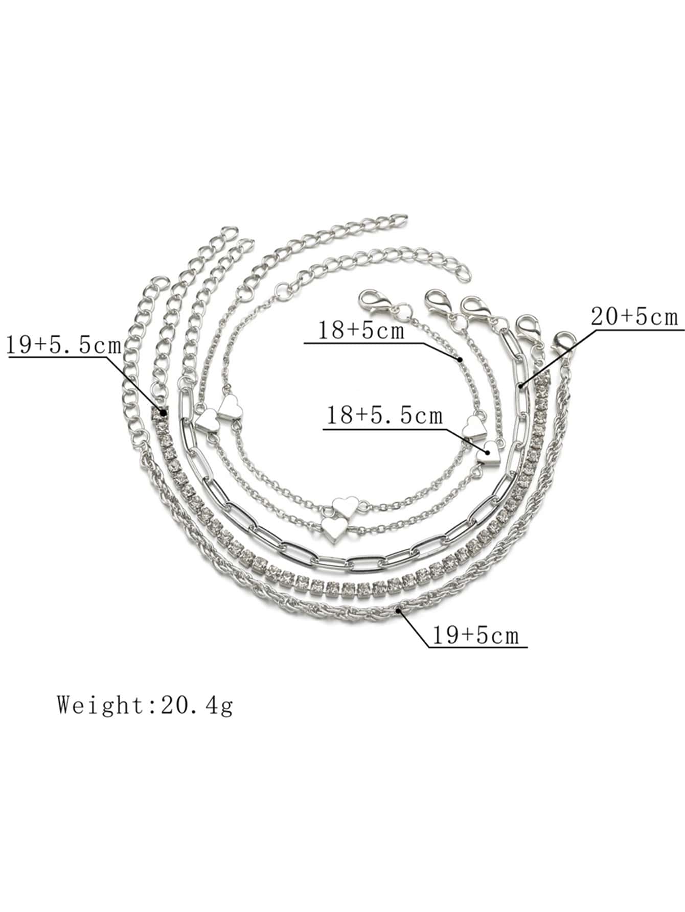 5pcs Rhinestone & Heart Decor Bracelet - Negative Apparel