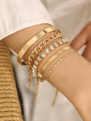 5pcs Simple Chain Design Fashionable Bracelet Set Including Vintage Crystal Inlay Bracelets - Negative Apparel