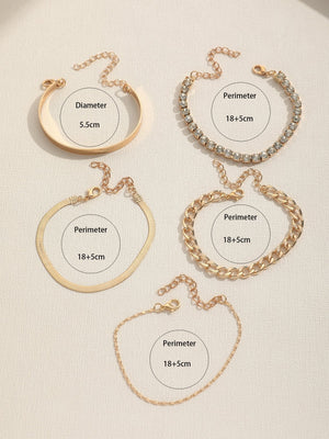 5pcs Simple Chain Design Fashionable Bracelet Set Including Vintage Crystal Inlay Bracelets - Negative Apparel
