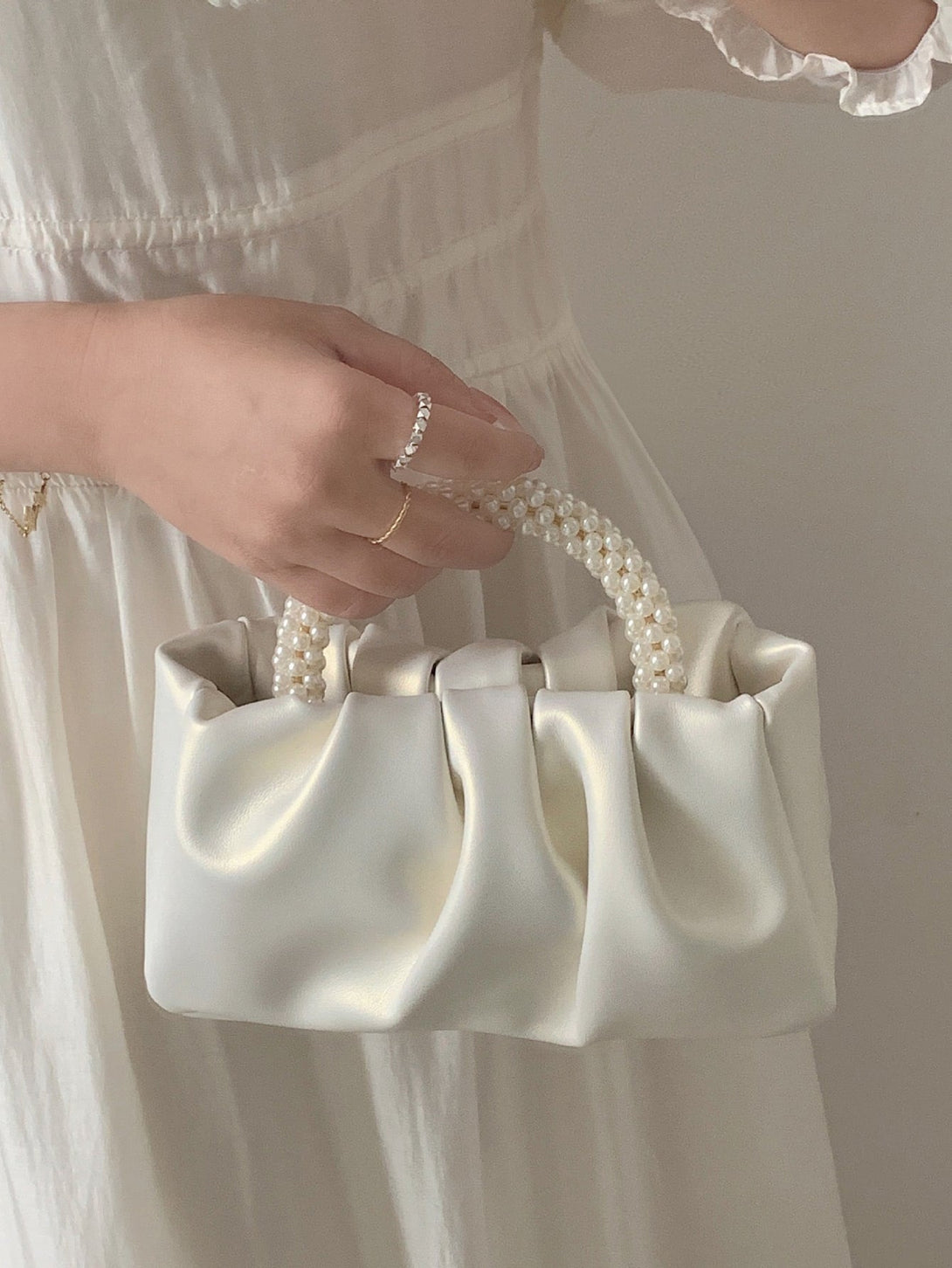 Argyle Princess Faux Pearl & Rhinestone Pearl Chain & Decor Small Ruched Bag - Negative Apparel
