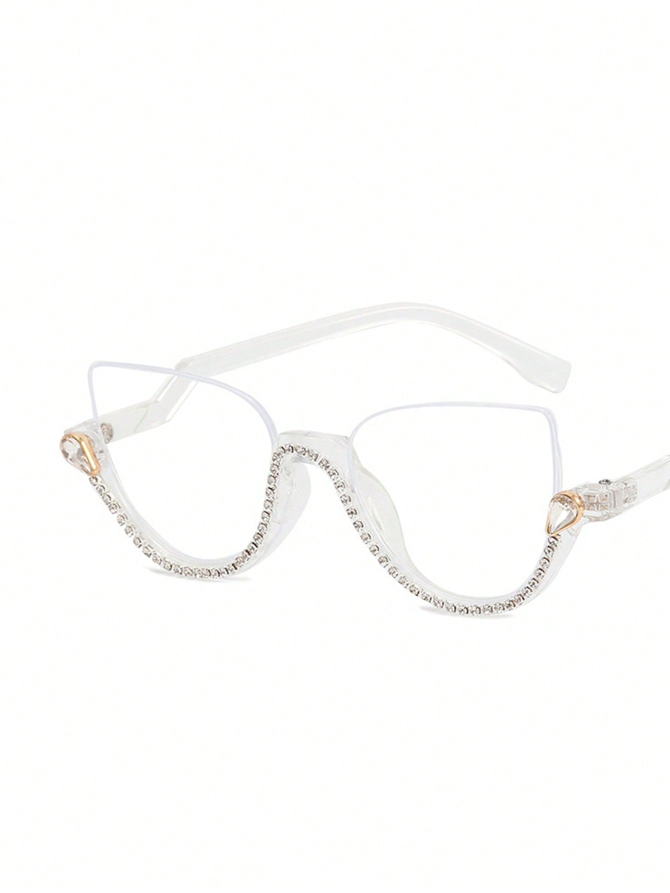 Blue Light Blocking Semi-Rimless Diamond Decor Flat Lenses Personalized Vintage Fashion Eyeglasses - Negative Apparel