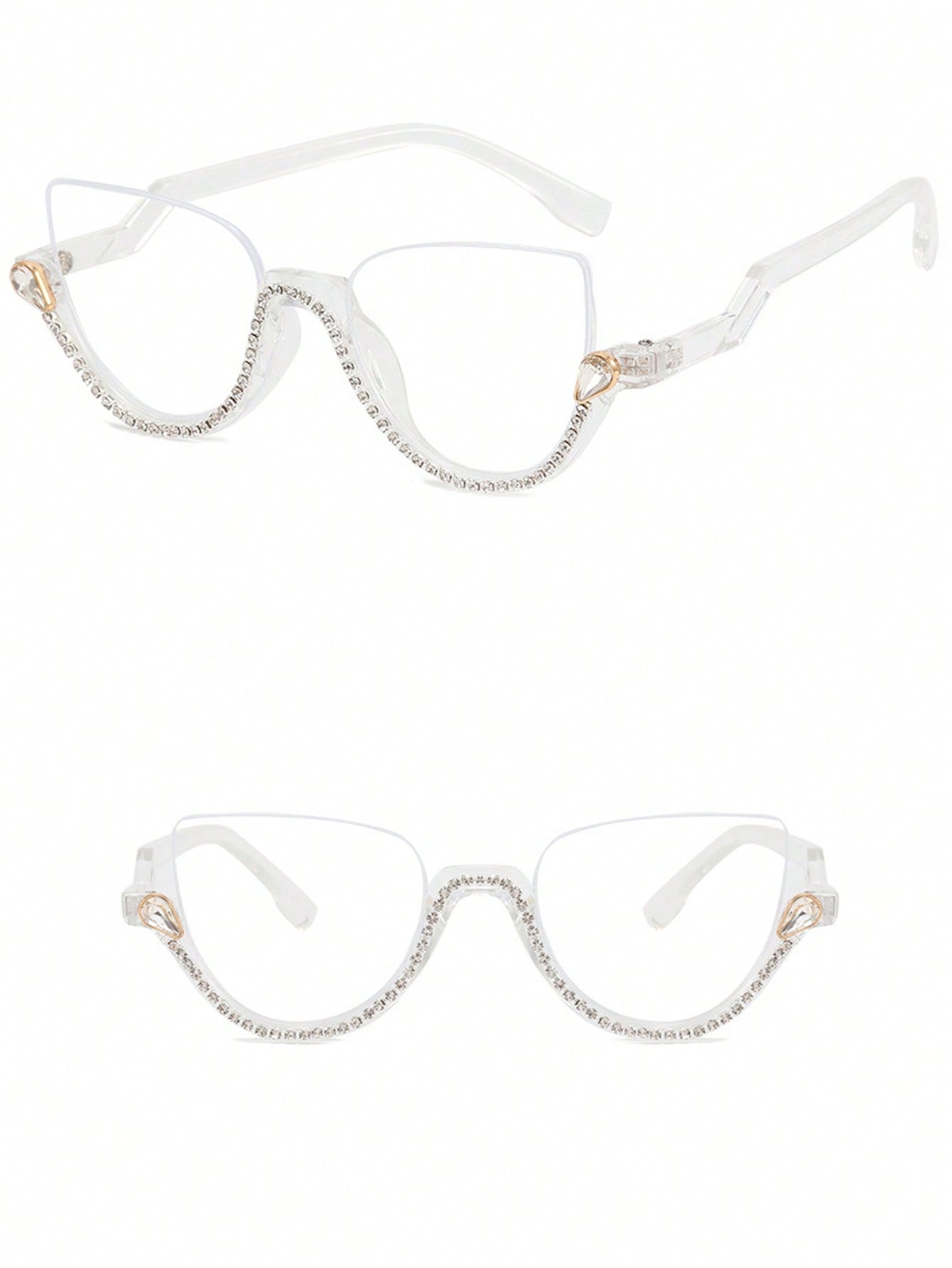 Blue Light Blocking Semi-Rimless Diamond Decor Flat Lenses Personalized Vintage Fashion Eyeglasses - Negative Apparel
