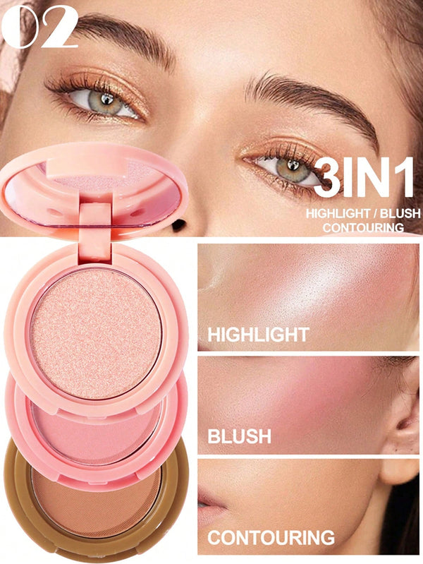Blush and Highlighter Kit, 3 in 1 Makeup Pressed Powder Palette Shimmer Bronzer, Matte Blusher Blendable Glow Face Palette - Negative Apparel