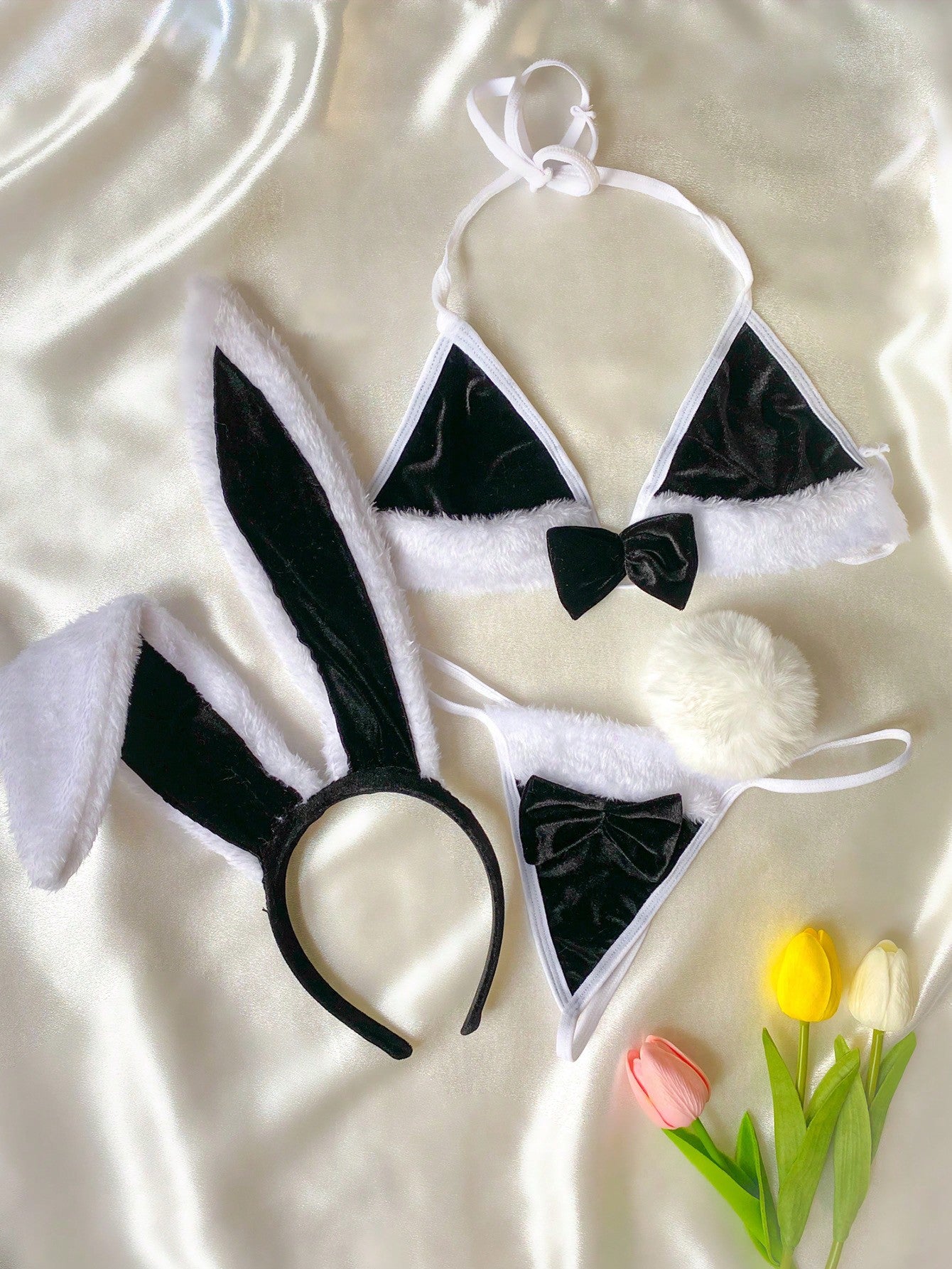 Bow Front Thong Lingerie Set & Rabbit Ear - Negative Apparel