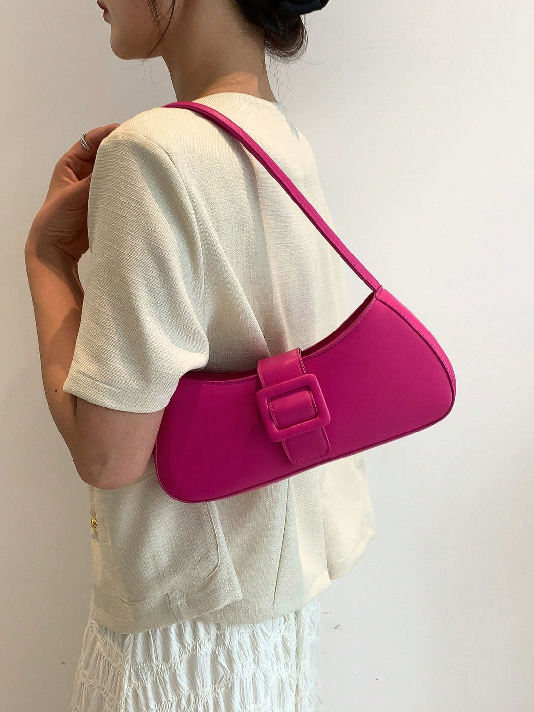 Buckle Decor Baguette Bag Funky Shoulder Bag - Negative Apparel