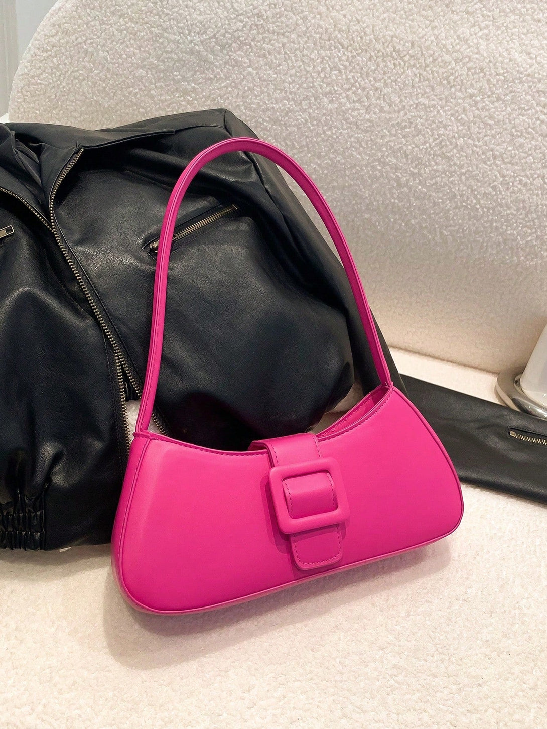 Buckle Decor Baguette Bag Funky Shoulder Bag - Negative Apparel