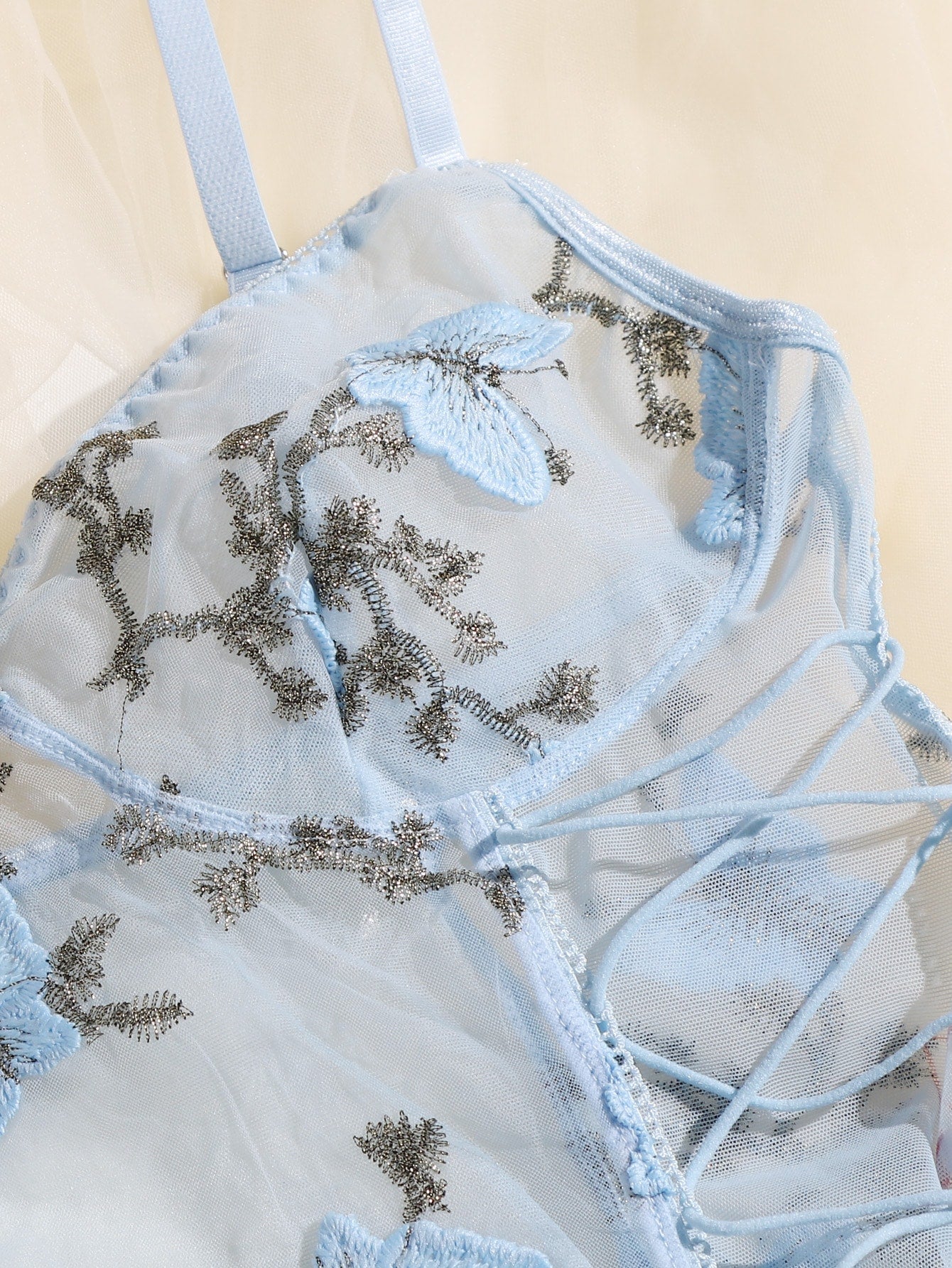 Butterfly Embroidered Mesh Teddy Bodysuit - Negative Apparel