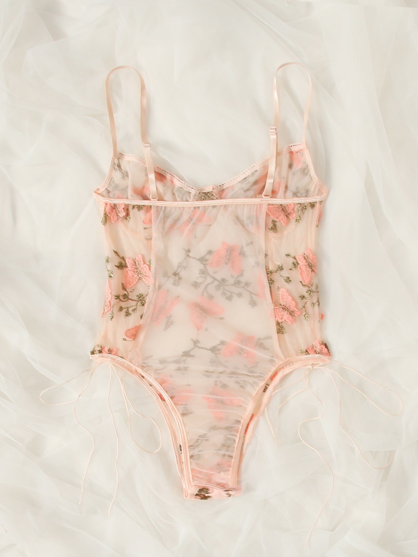 Butterfly Embroidered Mesh Teddy Bodysuit - Negative Apparel