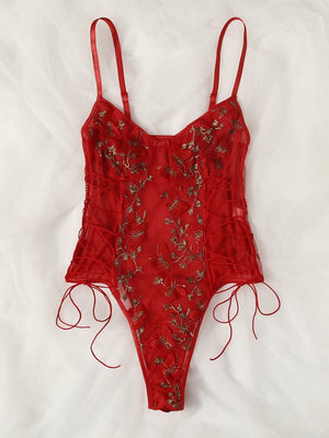 Butterfly Embroidered Mesh Teddy Bodysuit - Negative Apparel