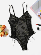 Butterfly Embroidered Mesh Teddy Bodysuit - Negative Apparel