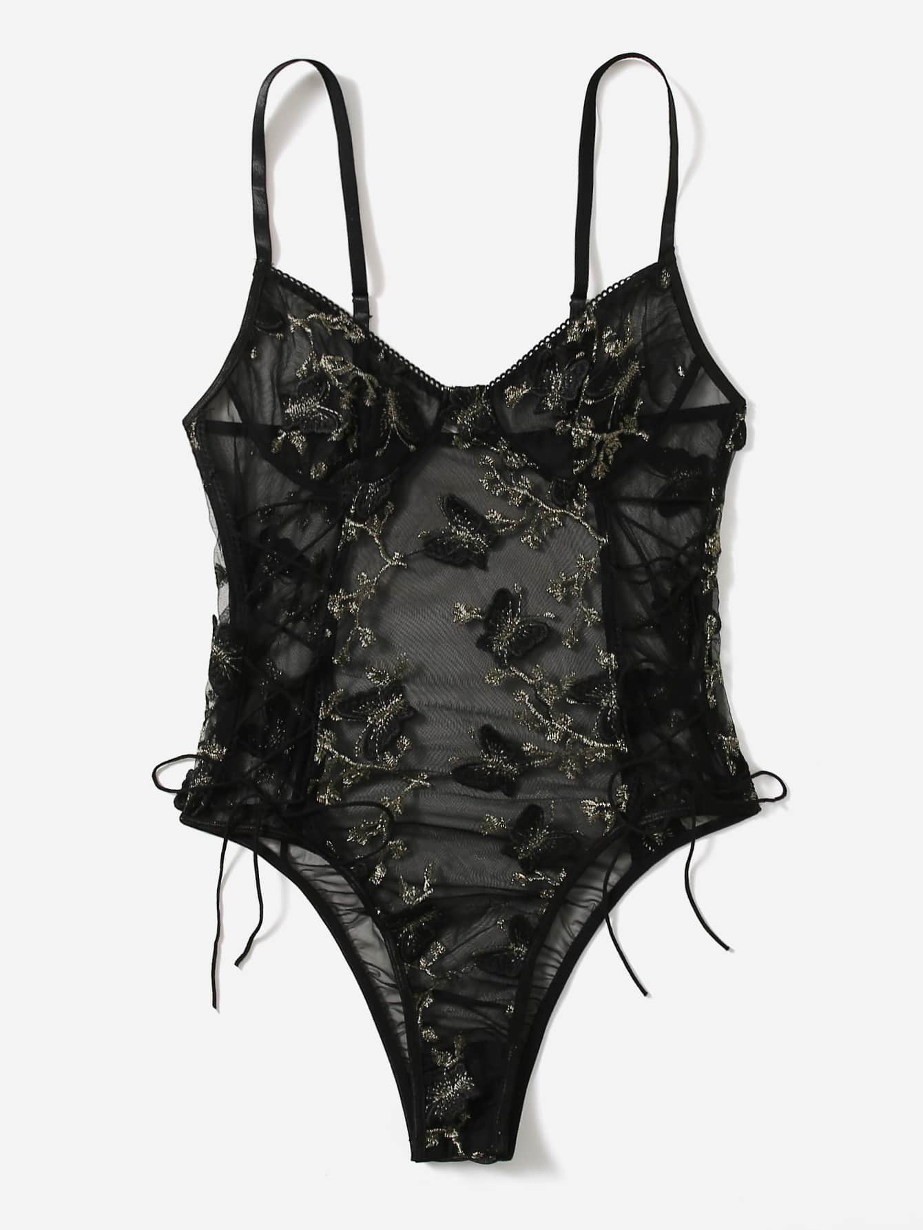 Butterfly Embroidered Mesh Teddy Bodysuit - Negative Apparel