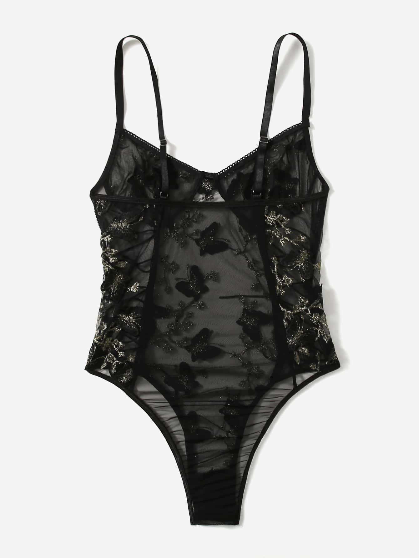 Butterfly Embroidered Mesh Teddy Bodysuit - Negative Apparel