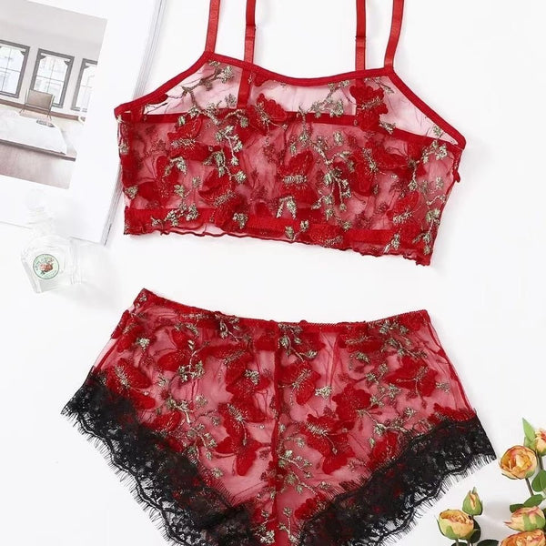 Butterfly Embroidery See Through Lingerie Set - Negative Apparel