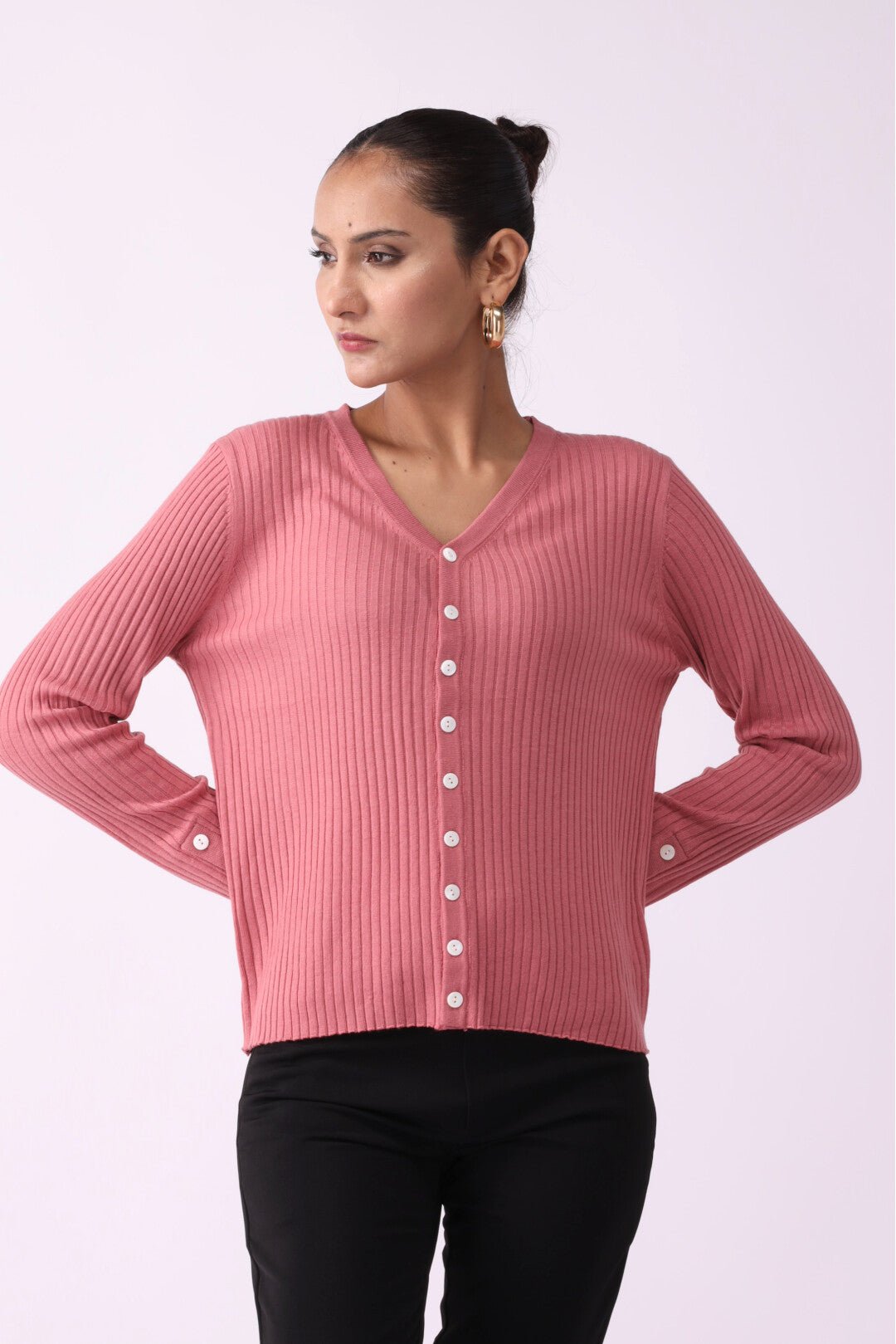 V Neck Anchor Pattern Buttoned Sweater