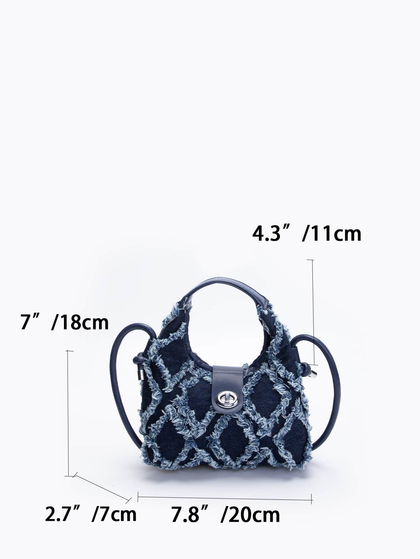 Casual Mini Denim Frayed Trim Twist Lock Hobo Bag - Negative Apparel