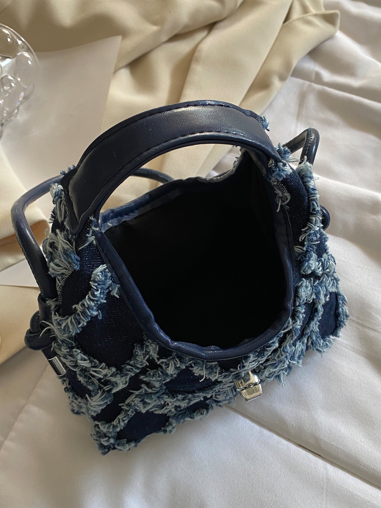 Casual Mini Denim Frayed Trim Twist Lock Hobo Bag - Negative Apparel