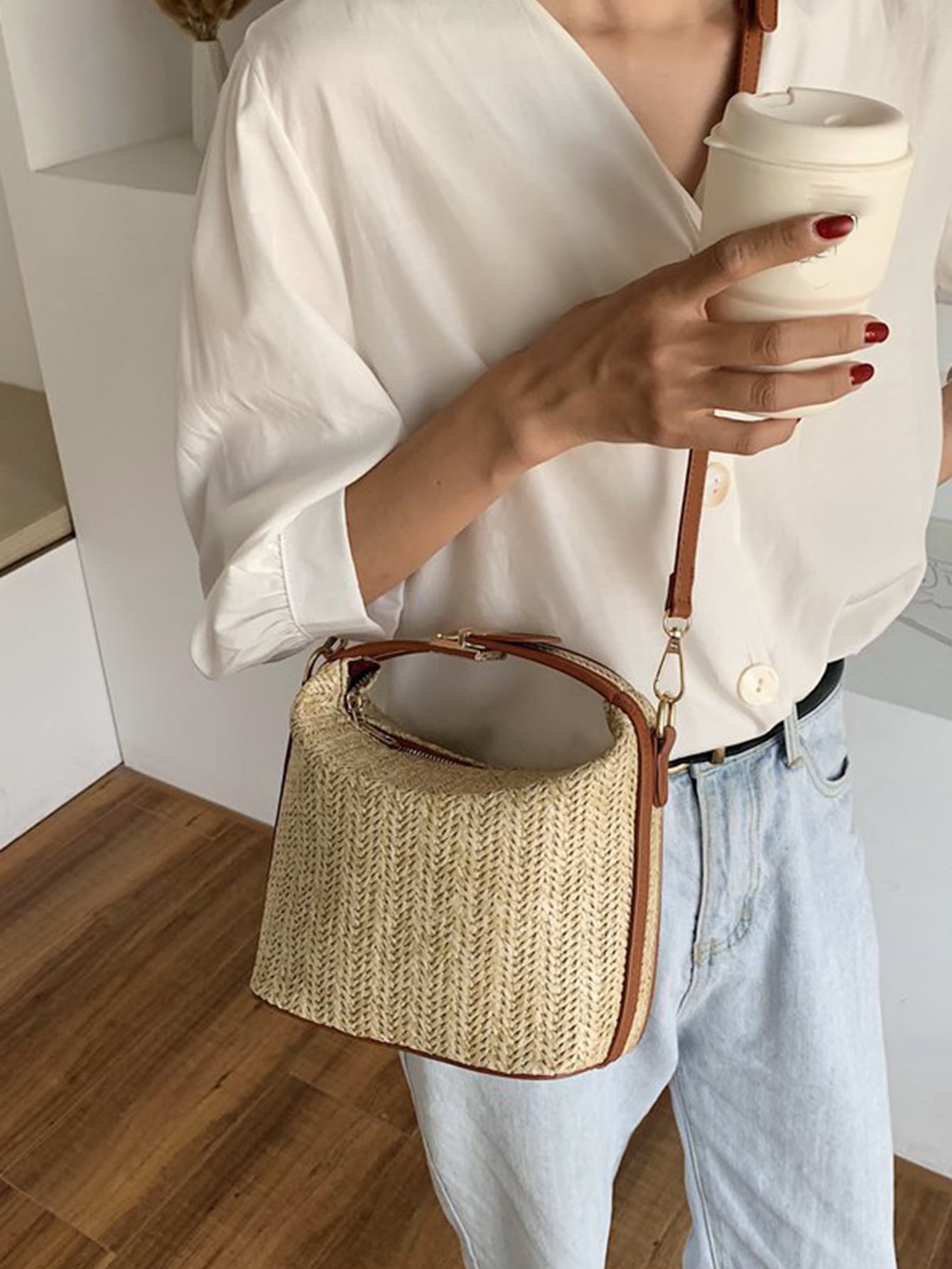 Casual Two Tone Push Lock Straw Bag - Negative Apparel