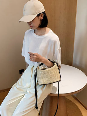 Casual Two Tone Push Lock Straw Bag - Negative Apparel