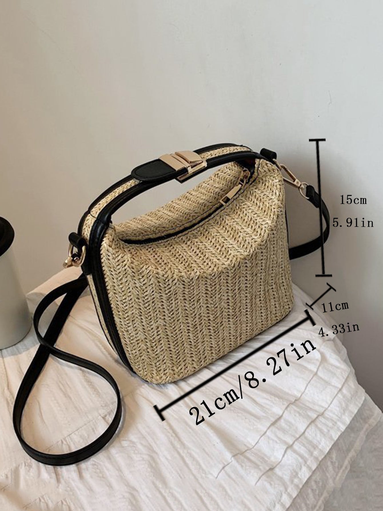 Casual Two Tone Push Lock Straw Bag - Negative Apparel