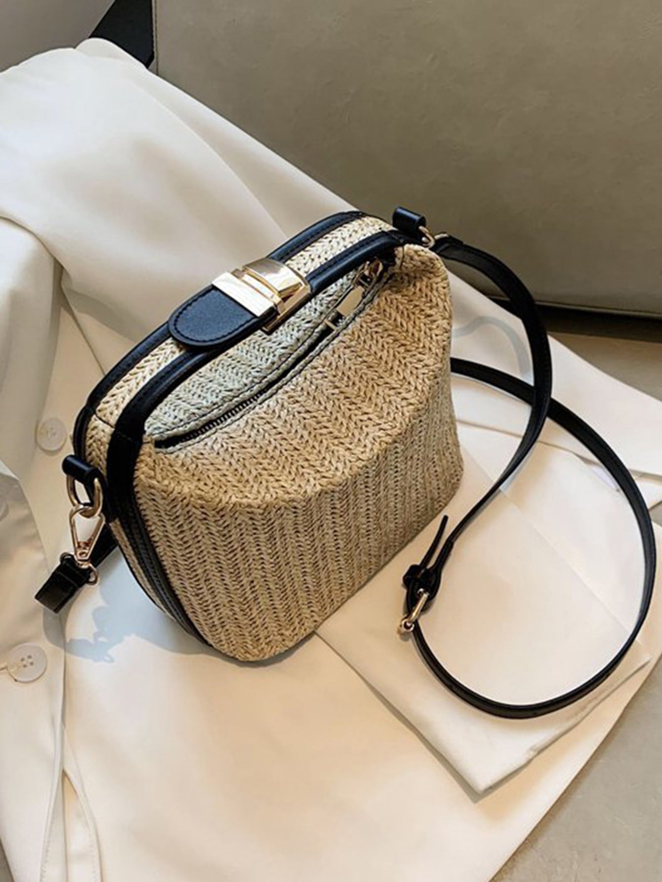 Casual Two Tone Push Lock Straw Bag - Negative Apparel