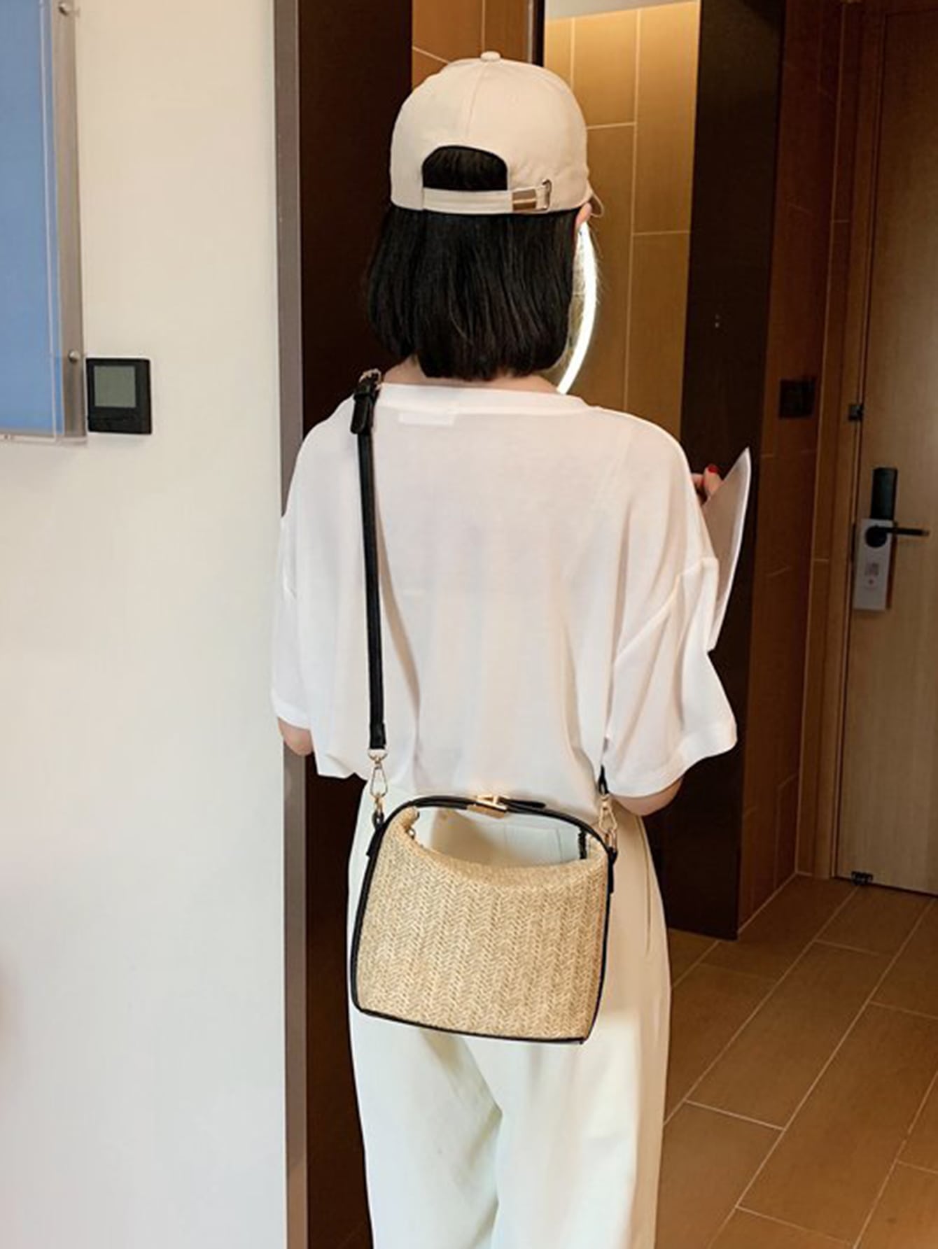 Casual Two Tone Push Lock Straw Bag - Negative Apparel