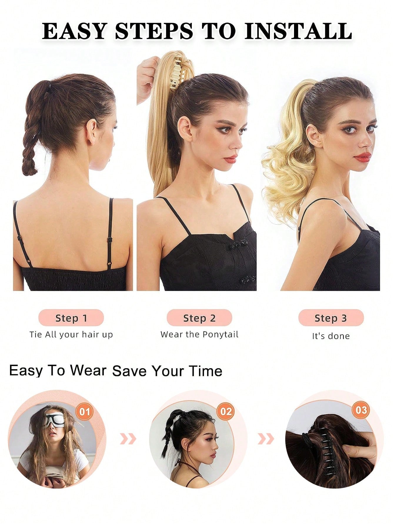 Claw Clip Ponytail Extension Curly Wavy Clip in Long Ponytails Hair Extensions Synthetic Hairpiece for Women - Negative Apparel