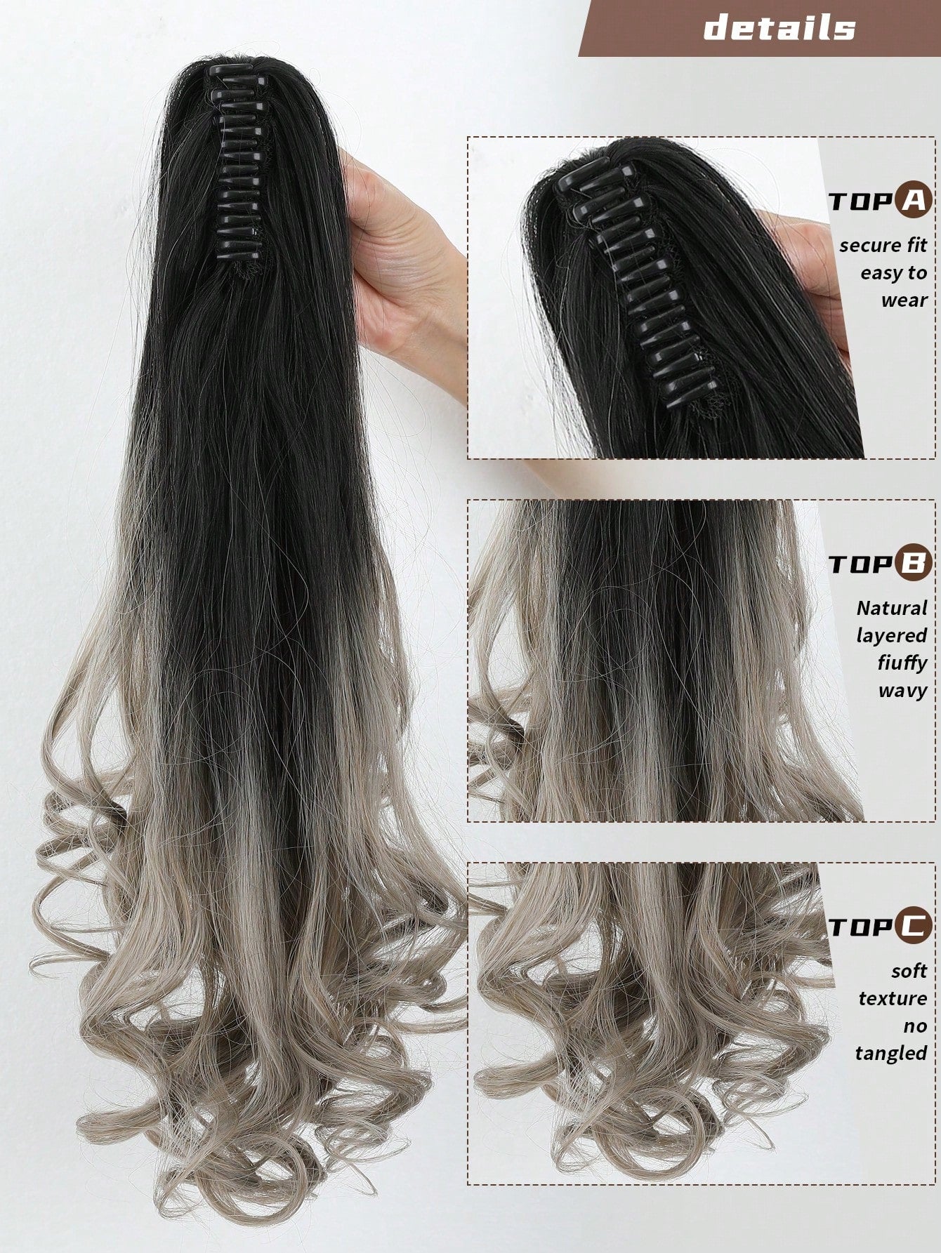 Claw Ponytail Extension 20 Inch Ombre Natural Wave Wavy Clip in Hair Extensions Soft Natural Looking