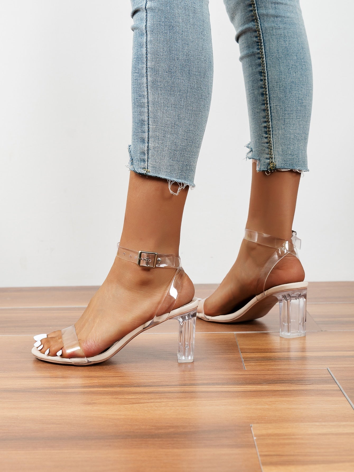 Clear Chunky Heeled Ankle Strap Sandals - Negative Apparel
