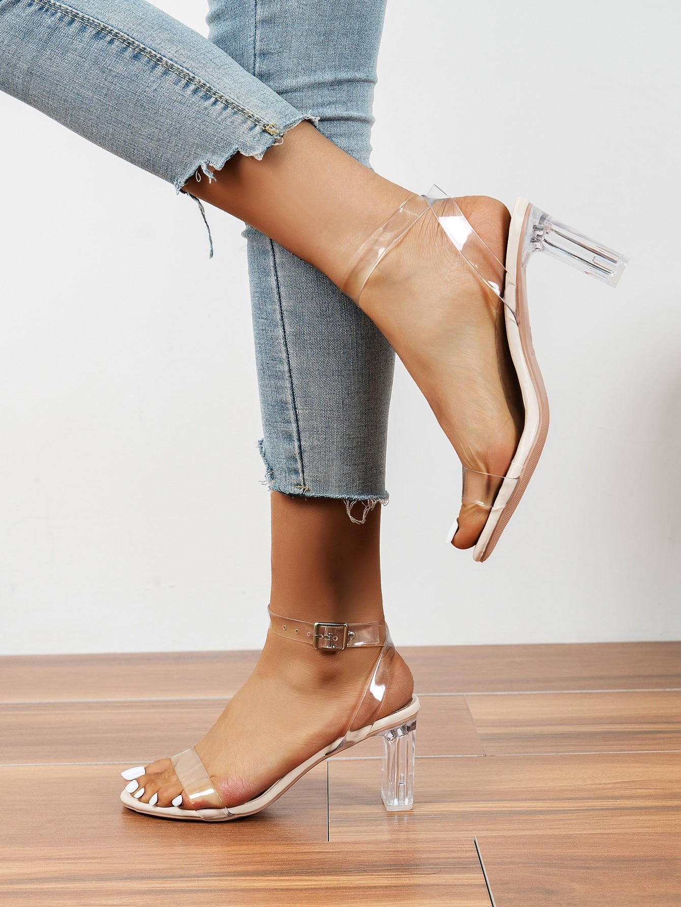 Clear Chunky Heeled Ankle Strap Sandals - Negative Apparel