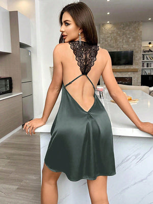 Contrast Lace Cut Out Backless Satin Cami Nightdress - Negative Apparel