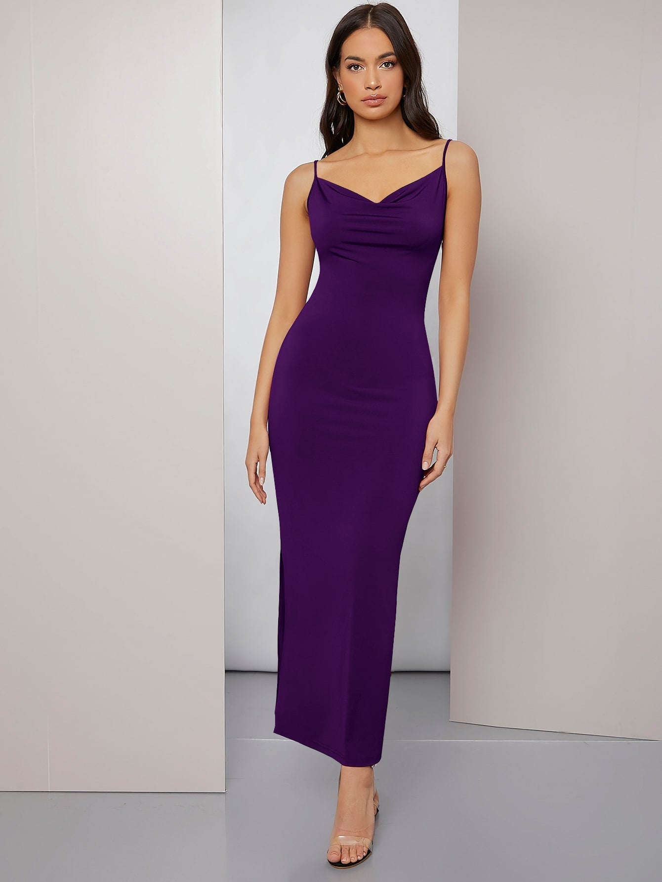 Cowl Neck Ruched Cami Dress Purple - Negative Apparel