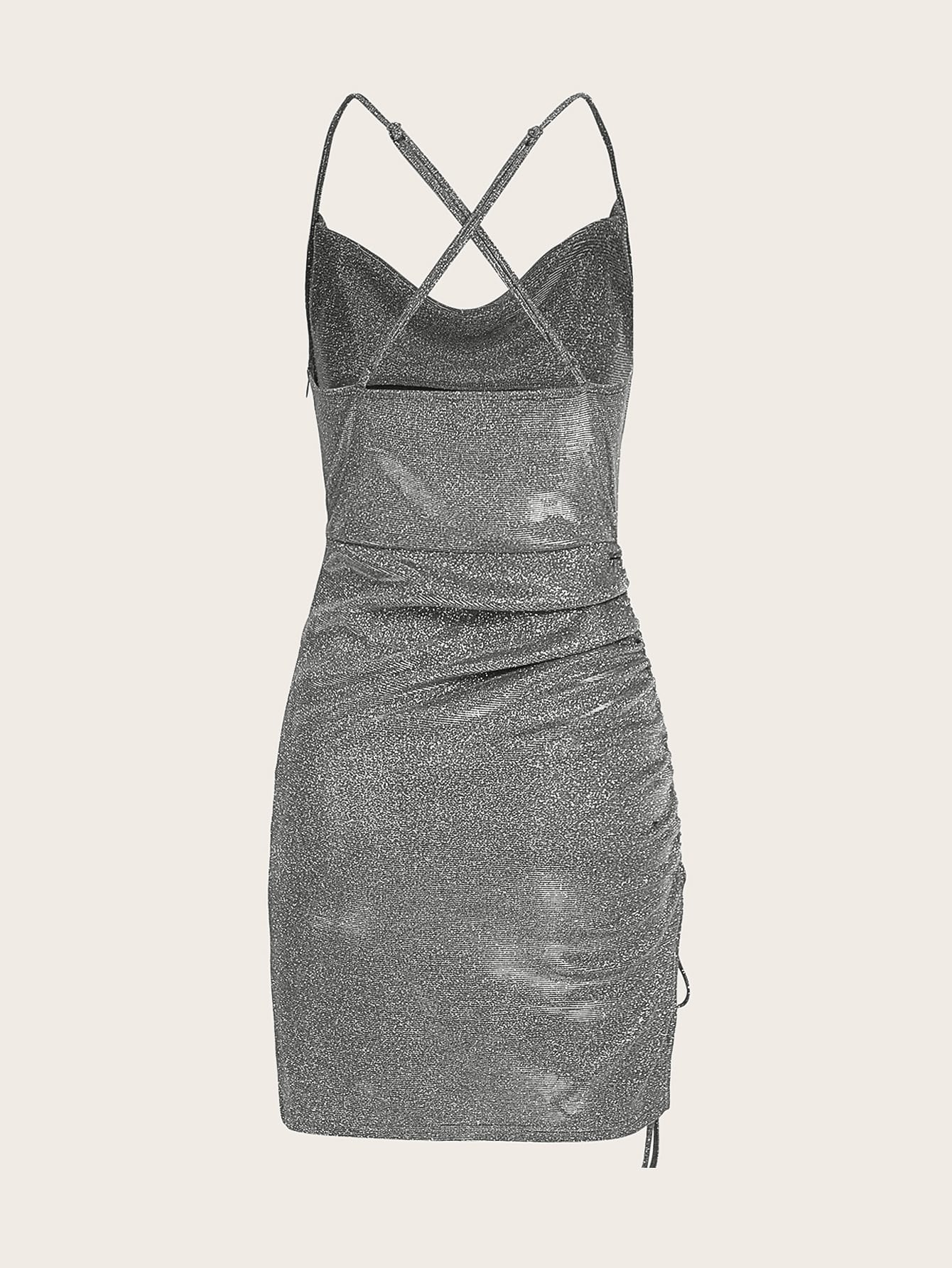 Crisscross Backless Ruched Glitter Bodycon Dress - Negative Apparel