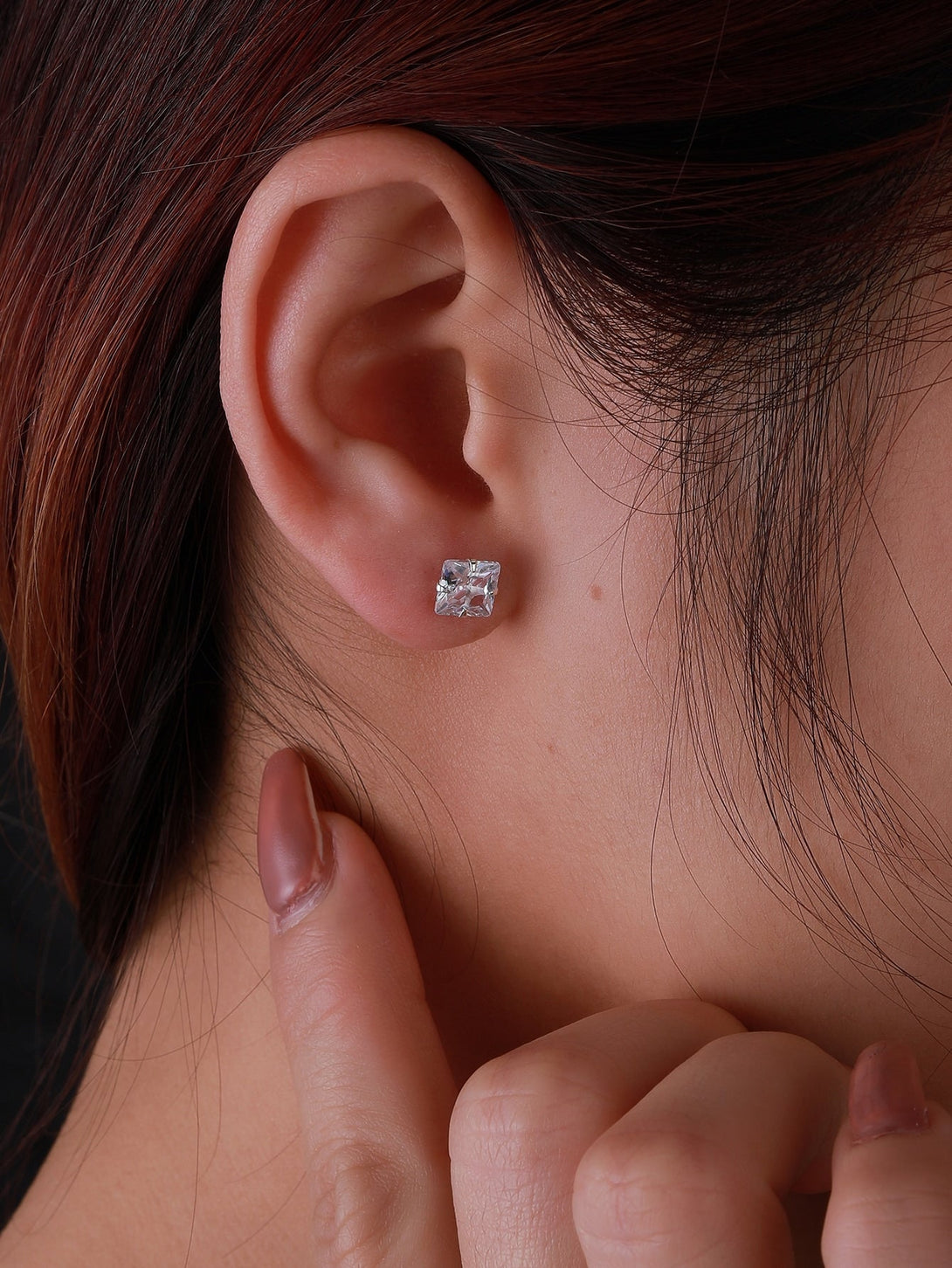 Cubic Zirconia Decor Silver Stud Earrings - Negative Apparel