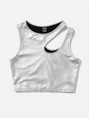 Cut Out Shoulder PU Leather Crop Tank Top Silver - Negative Apparel