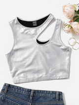 Cut Out Shoulder PU Leather Crop Tank Top Silver - Negative Apparel