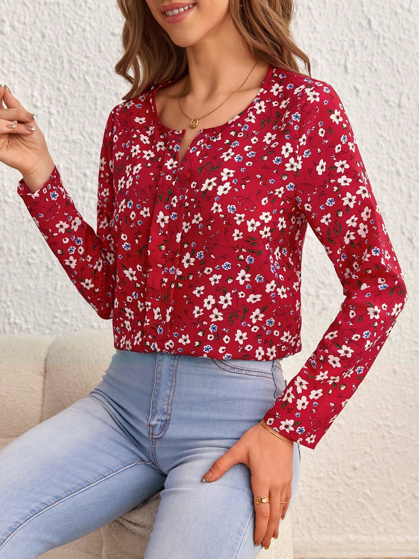 Ditsy Floral Print Fold Pleated Detail Blouse - Negative Apparel