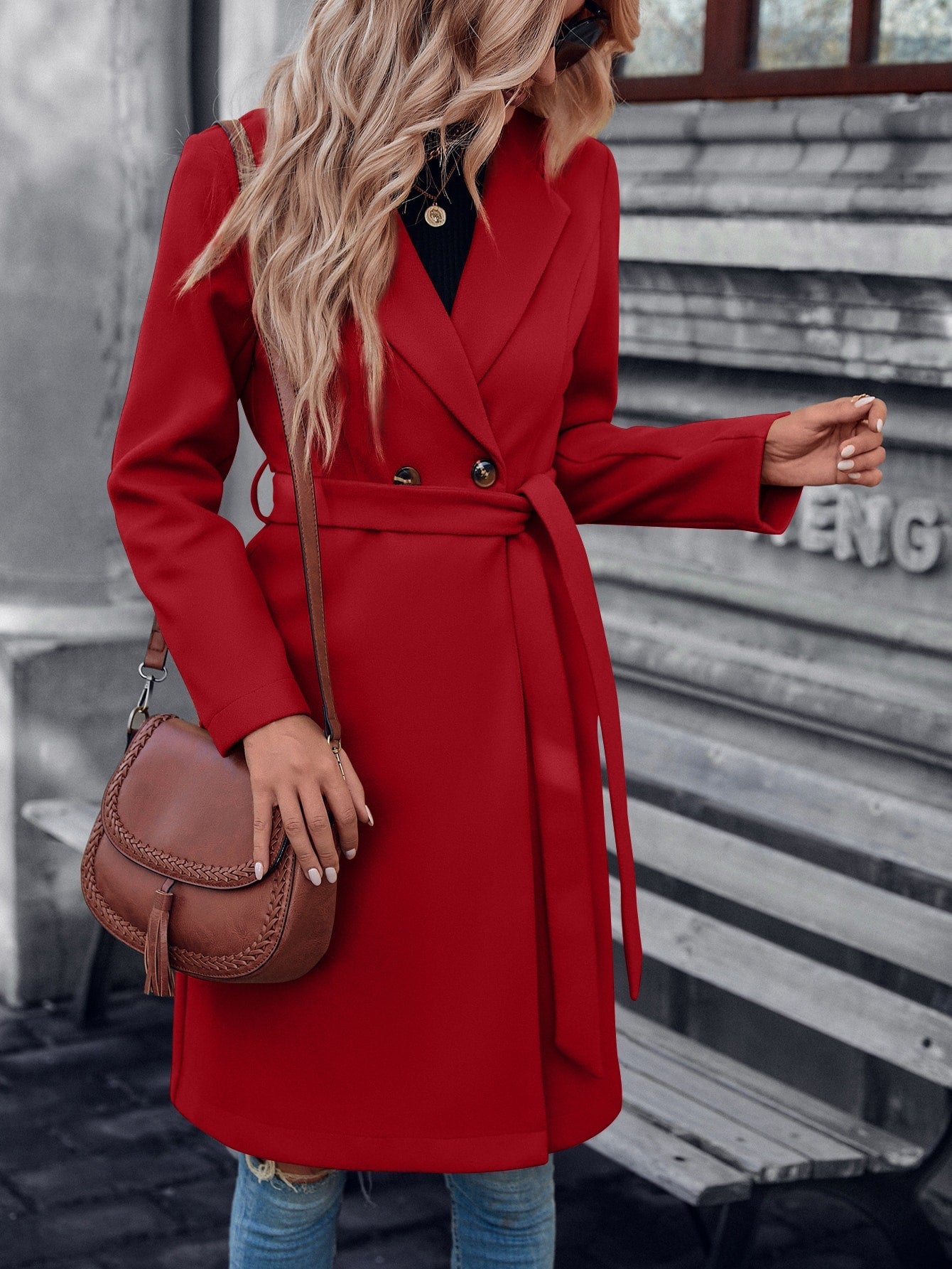Double Button Belted Overcoat - Negative Apparel