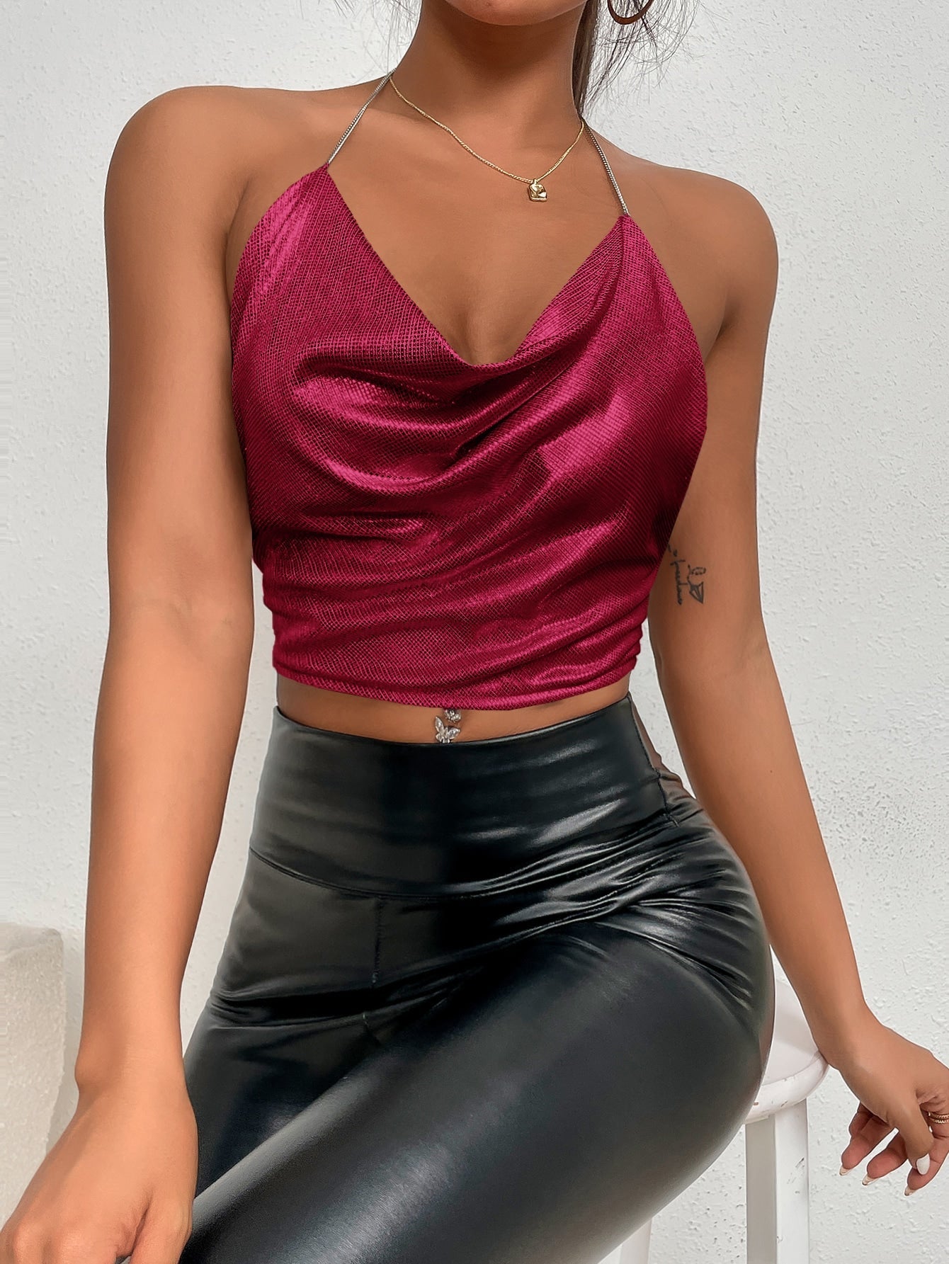Draped Collar Chain Detail Tie Backless Glitter Halter Top - Negative Apparel