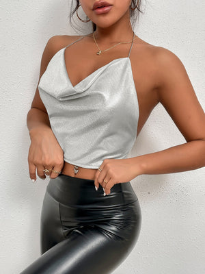 Draped Collar Chain Detail Tie Backless Glitter Halter Top - Negative Apparel