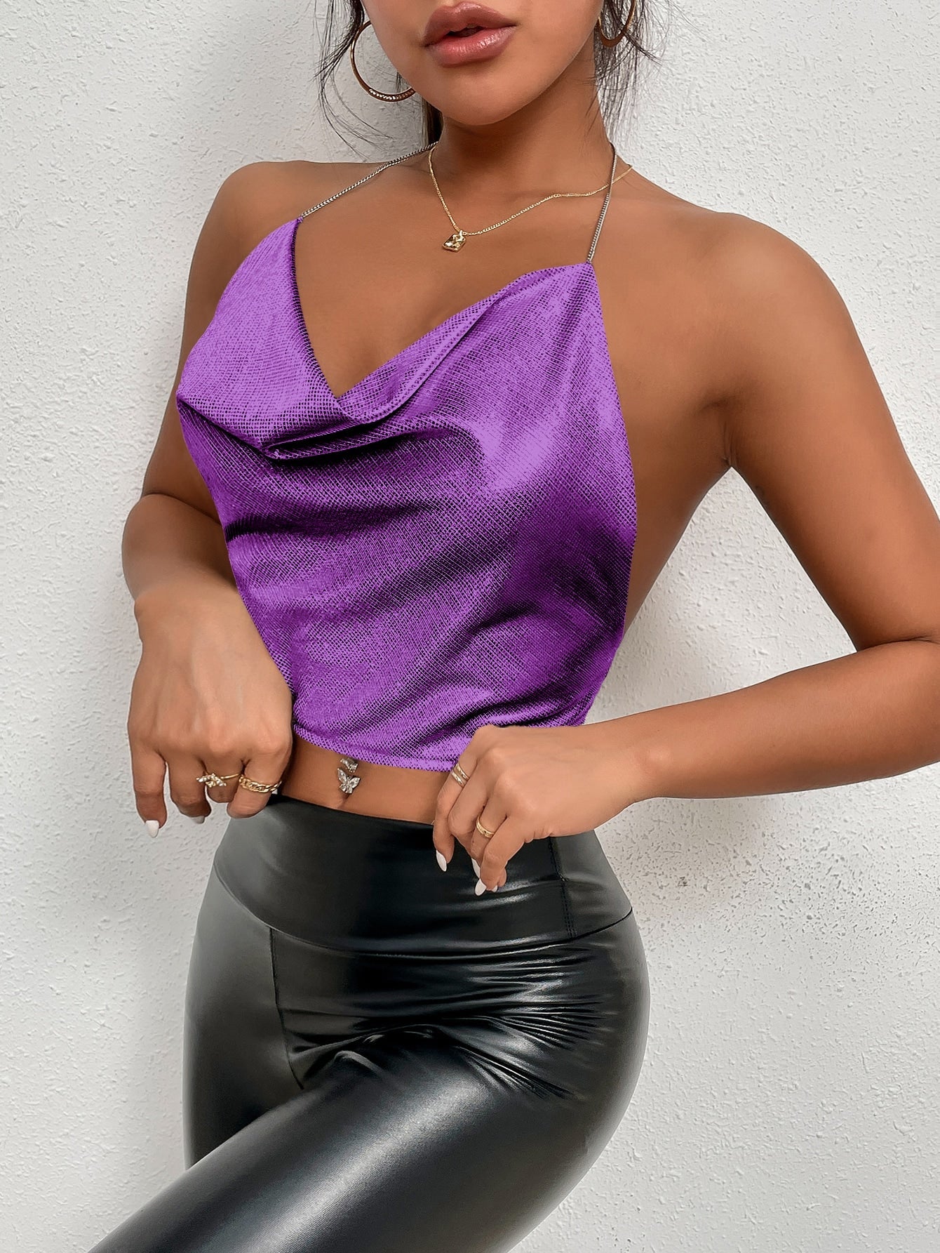 Draped Collar Chain Detail Tie Backless Glitter Halter Top - Negative Apparel