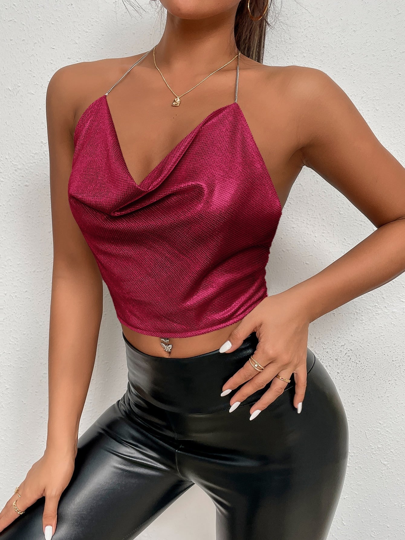 Draped Collar Chain Detail Tie Backless Glitter Halter Top - Negative Apparel