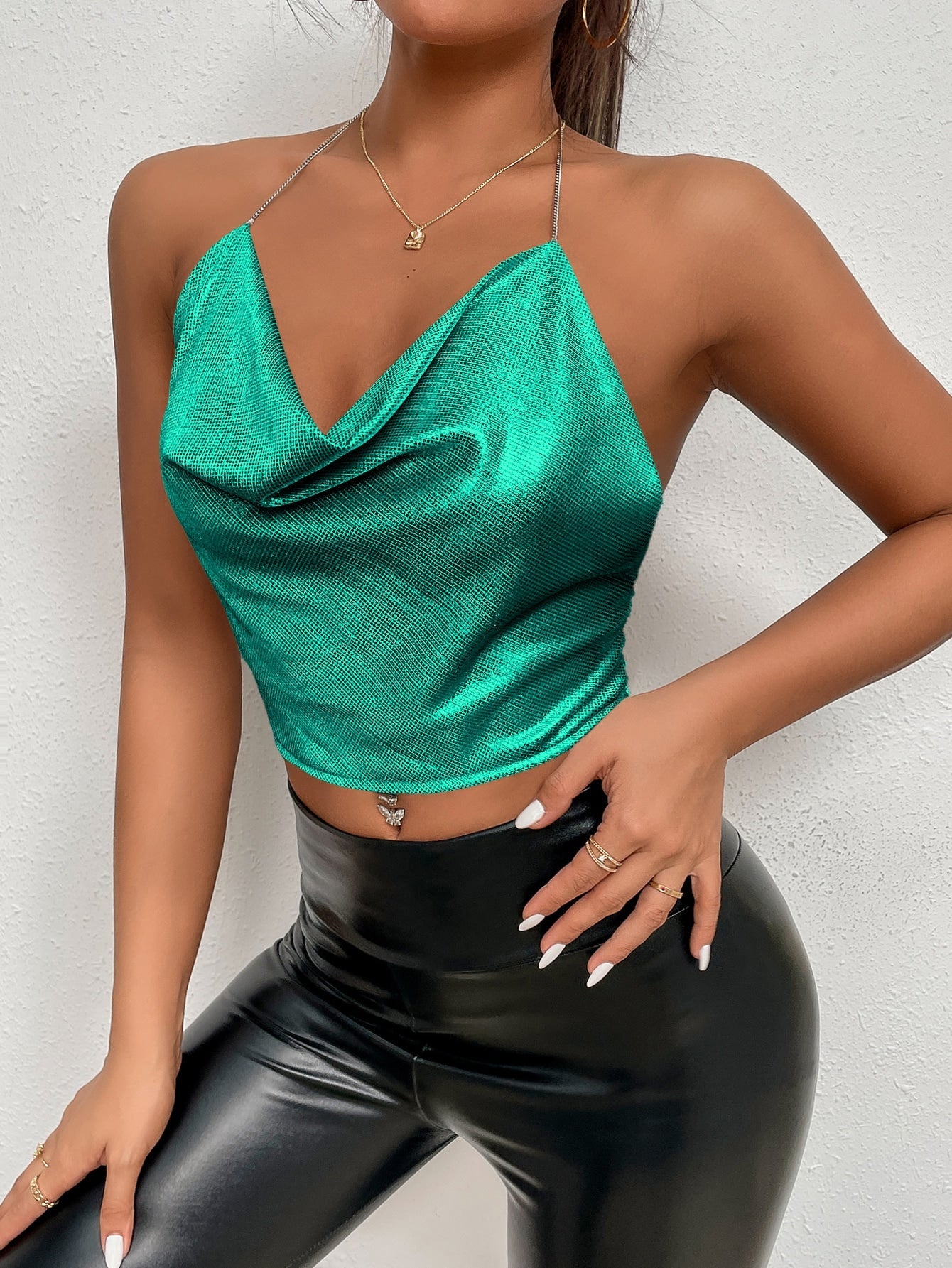 Draped Collar Chain Detail Tie Backless Glitter Halter Top - Negative Apparel