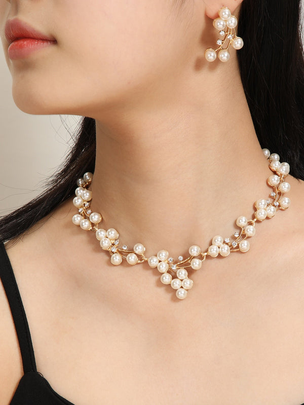 Faux Pearl Decor Necklace & Earrings - Negative Apparel