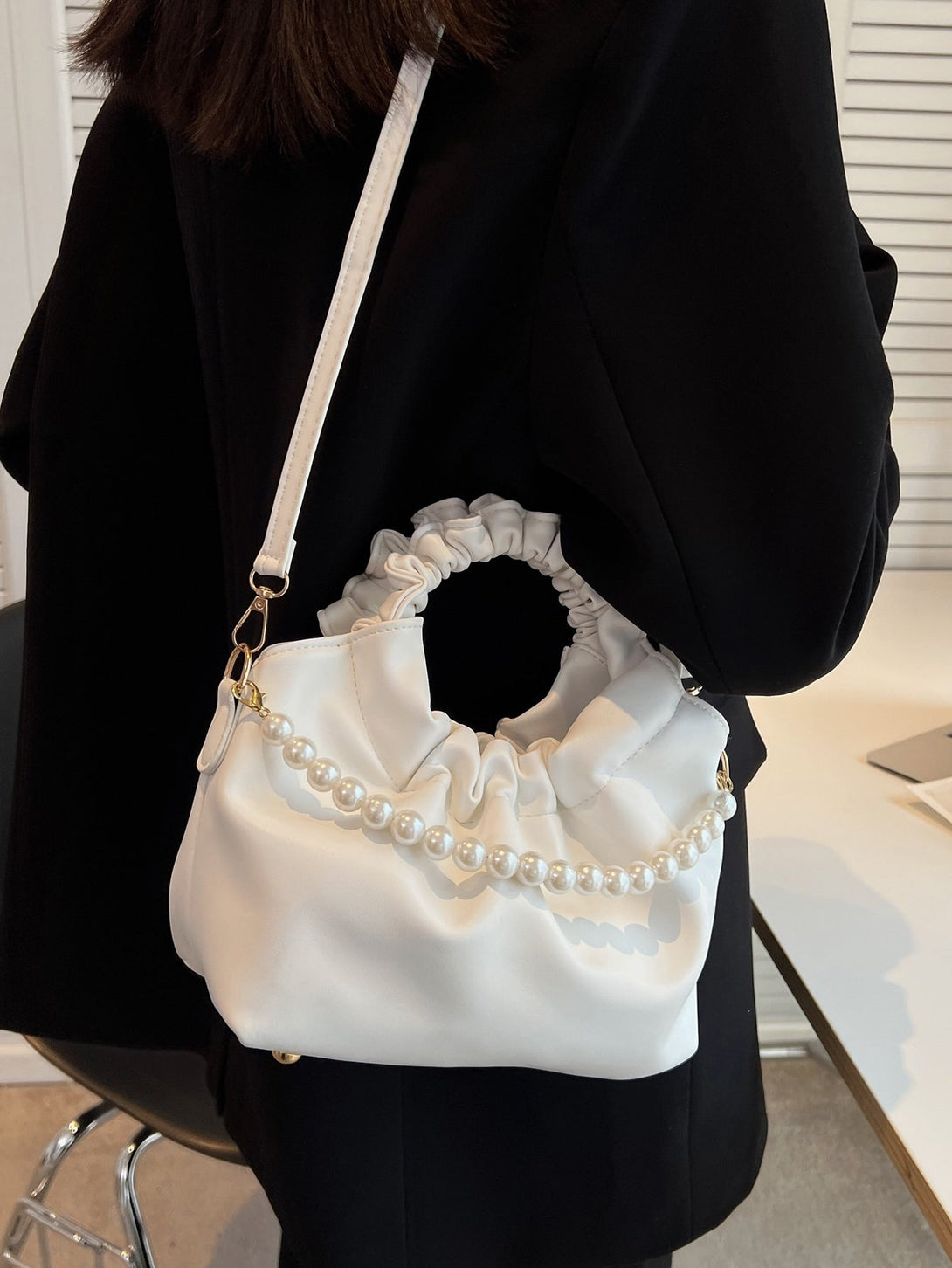 Faux Pearl Decor Ruched Bag - Negative Apparel
