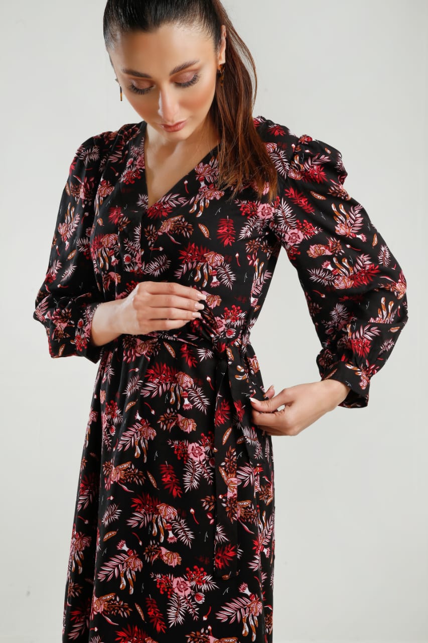 Floral Bishop Sleeve Belted Fitted Dress FD - Negative Apparel