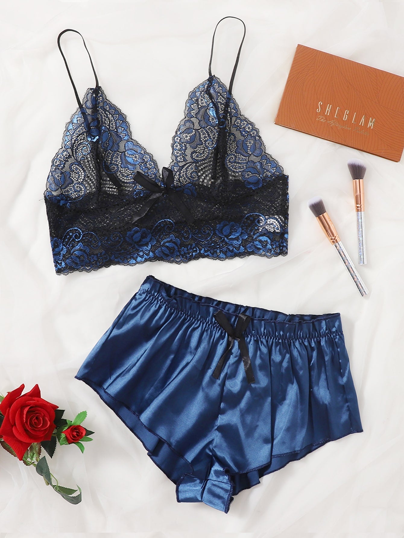 Floral Lace Bralette With Satin Shorts - Negative Apparel